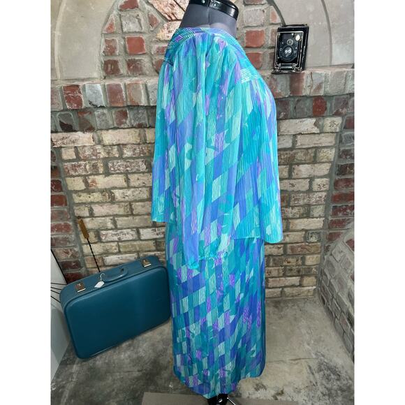 dress blouson  floral vintage 1980s micro pleat top purple aqua - Picture 10 of 12
